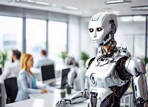 A modern robot works in a bright office with other employees, the usefulness of automation when performing repetitive and tedious tasks