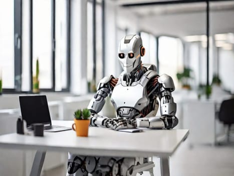 A modern robot works in an office on a laptop, demonstrating the usefulness of automation in performing repetitive and tedious tasks