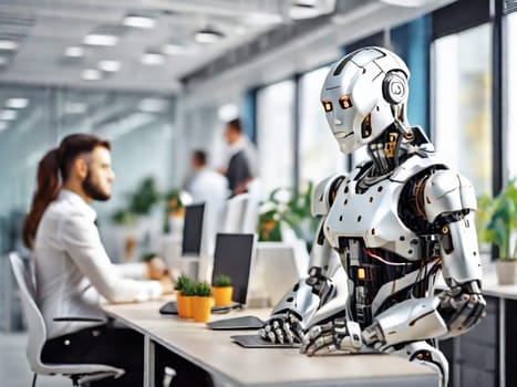 A modern robot works in a bright office with other employees, the usefulness of automation when performing repetitive and tedious tasks