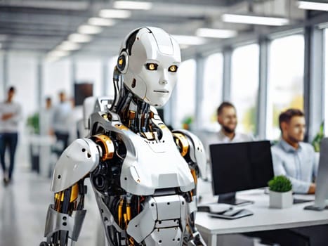 A modern robot works in a bright office with other employees, the usefulness of automation when performing repetitive and tedious tasks