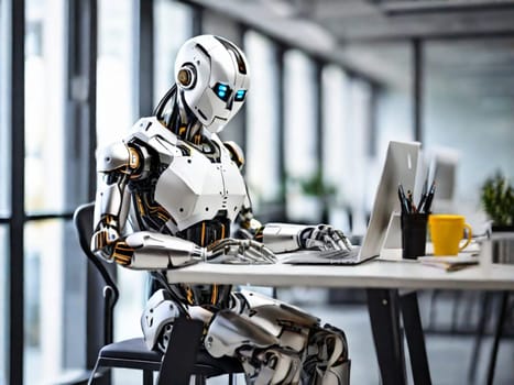 A modern robot works in an office on a laptop, demonstrating the usefulness of automation in performing repetitive and tedious tasks