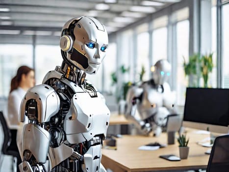 A modern robot works in a bright office with other employees, the usefulness of automation when performing repetitive and tedious tasks