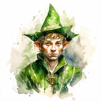 Whimsical watercolor depicts a lively leprechaun in green attire and hat, evoking the magic of St. Patricks Day