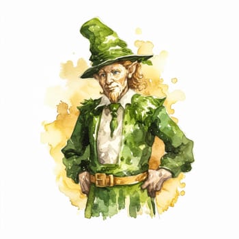 Celebrate St. Patricks Day with a touch of enchantment a watercolor portrayal of a mischievous leprechaun in vibrant green clothes and hat