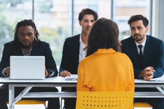 Diversity recruiters interview candidate at the bright office. A group of human resources professionals explaining an applicant for a new position. asking interviewee a question. Intellectual.