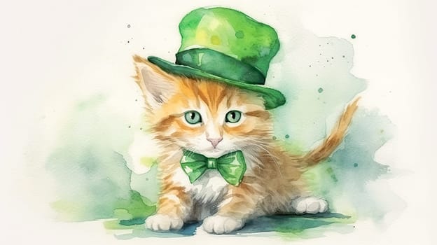 Adorable ginger kitten, adorned in a green hat, brings St. Patricks Day joy to life in this enchanting watercolor scene. Whiskers and luck abound