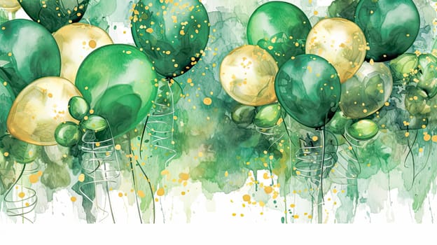 Charm in Color, Watercolor depiction of a lively green and gold balloon, bringing joy to St. Patricks Day designs