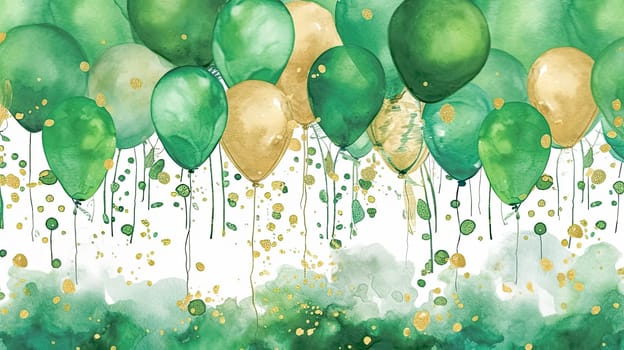 Lively Luck, Watercolor green and gold balloon, a festive symbol for St. Patricks Day celebrations, adding cheer