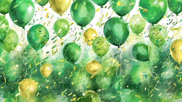 Lively Luck, Watercolor green and gold balloon, a festive symbol for St. Patricks Day celebrations, adding cheer