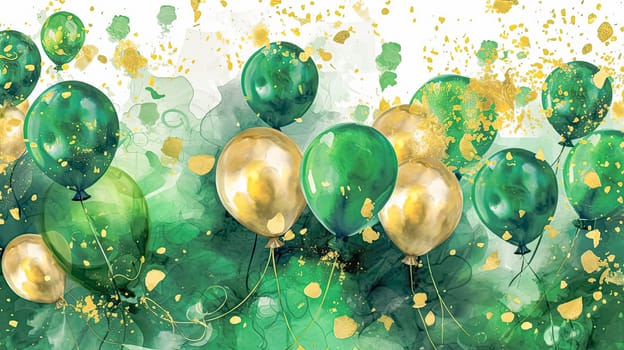 Balloon Bliss, A vibrant watercolor image of a green and gold balloon, a whimsical touch for St. Patricks Day projects