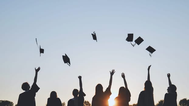 Silhouettes of Happy college graduates tossing their caps up at sunset