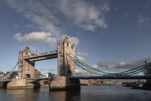 London, UK - Nov 07, 2023 - Iconic Tower Bridge. Viewed from south side of River Thames, Famous Tower Bridge in London city, Space for text, Selective Focus.