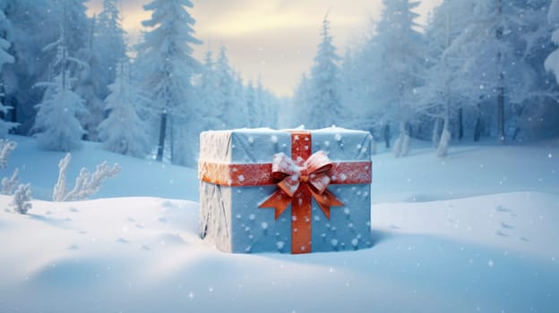 A large gift box lies in the snow, a perfect template for Christmas and New Year sales and discounts