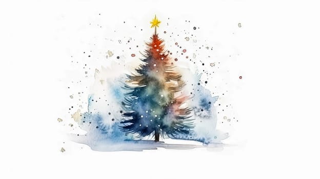 In a delightful watercolor scene, a Christmas tree takes center stage against a pure white backdrop, evoking the magic of celebrating Christmas and New Year