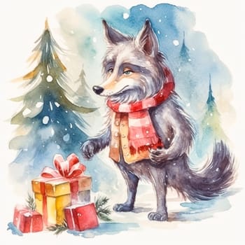 wolf with gifts on background of Christmas tree, winter holidays concept