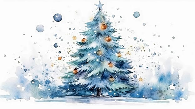 Whimsical watercolor radiates holiday cheer a Christmas tree on a white canvas, capturing the joy of celebrating Christmas and New Year