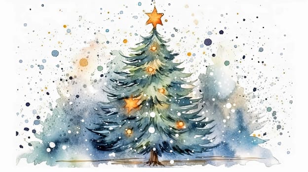 Embrace the festive spirit with a watercolor masterpiece a Christmas tree adorned on a white background, symbolizing joy for Christmas and New Year.