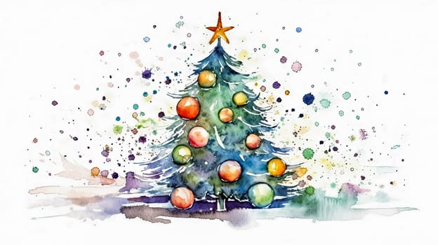 Embrace the festive spirit with a watercolor masterpiece a Christmas tree adorned on a white background, symbolizing joy for Christmas and New Year.