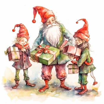 Whimsical watercolor portrays Santa's helper gnomes, bearing gifts a festive celebration of Christmas and New Year with charming holiday spirit