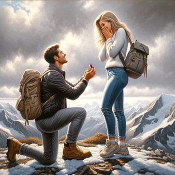 In the stunning tranquility of the mountain peaks, a man proposes to an overjoyed woman, their love reaching new heights amidst the snow and sky