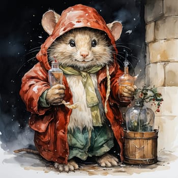 mouse in red cloak in snow, Christmas celebration concept