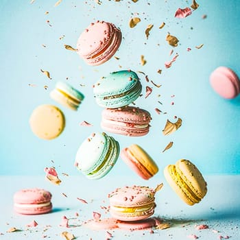 Whimsical magic Levitating multicolored macaroons, a deliciously enchanting photo capturing the sweet allure of floating confectionery delights