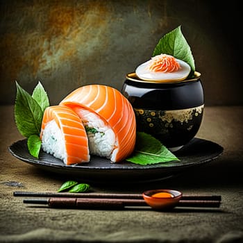 Top view elegance Sushi and rolls on a dark background, a captivating ode to the artistry and flavor of Asian cuisine