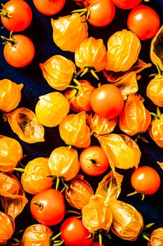 Elevate your palate with the perfection of a top view of Physalis on a dark background, a rich and alluring visual feast