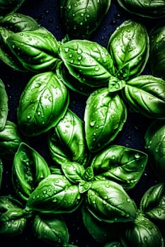 Elevate your palate with the perfection of a top view of juicy basil with water drops on a dark background, a rich and alluring visual feast