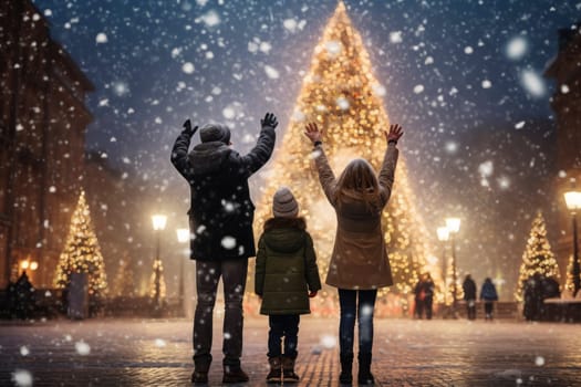 People enjoy Christmas, spending time in the town square illuminated by festive lights and the glow of the Christmas tree