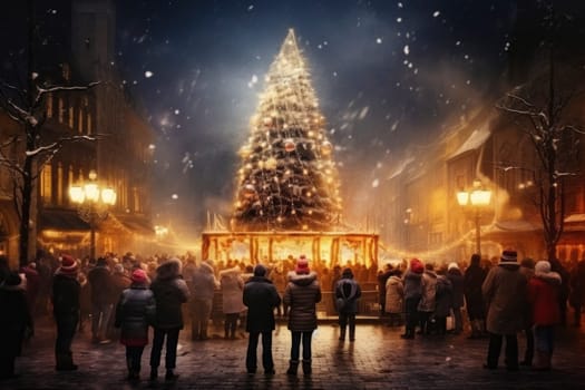 People enjoy Christmas, spending time in the town square illuminated by festive lights and the glow of the Christmas tree