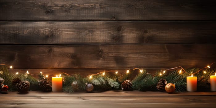 Merry Christmas and Happy New Year background with empty wooden table over Christmas tree and blurred light bokeh. Empty display for product placement. Rustic vintage Xmas 2024 background. comeliness