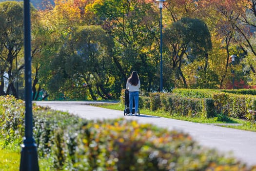 A young woman is enjoying a peaceful walk in the park with her baby in a stroller. The colorful autumn leaves create a charming atmosphere, making it a perfect scene for a relaxing stroll in nature.