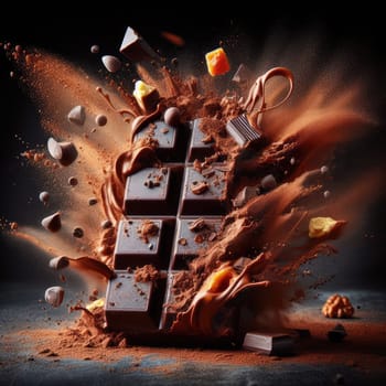 photo of Chocolate bar explosion. tasty bar with nuts.
