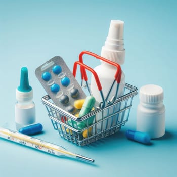 Buy and shopping medicine concept. Various capsules, tablets and medicine in shop trolley on a blue background. Creative idea for health care, health insurance and pharmaceutical company.