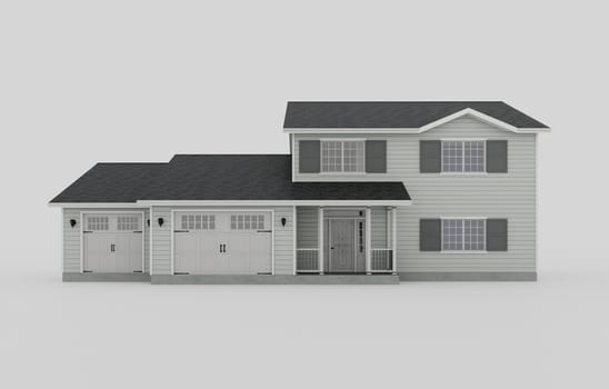 Isolated house in traditional American style with two garages on white background. Conceptual image of the construction of a frame house. 3d rendering