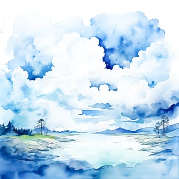 Serene watercolor landscape in soothing blues a tranquil masterpiece capturing the essence of nature's calm and serene beauty.