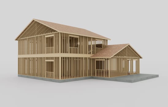 Isolated house in traditional American style with two garages on white background. Conceptual image of the construction of a frame house. 3d rendering