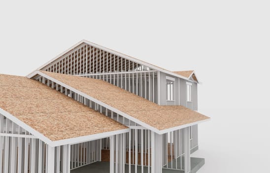 Isolated house in traditional American style with two garages on white background. Conceptual image of the construction of a frame house. 3d rendering