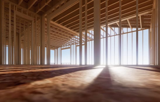 Construction of a frame house. Defocused concept image of a house under construction with a blurred background. Wooden truss frame and walls against blue sky. 3D visualization