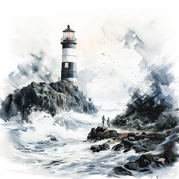Dramatic watercolor A stormy sea frames a resilient lighthousean evocative portrayal of strength and solitude against natures turbulent beauty