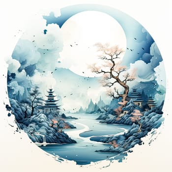 Serene watercolor landscape in soothing blues a tranquil masterpiece capturing the essence of nature's calm and serene beauty.