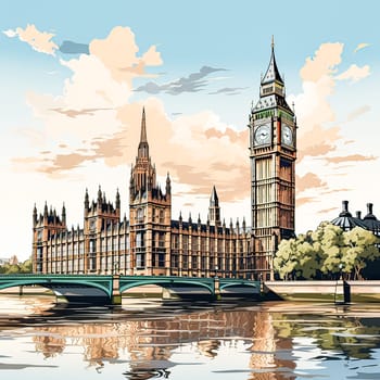 Sunsets embrace in watercolor Big Ben stands tall, an iconic silhouette against a vibrant sky, capturing Londons timeless allure and evening grace