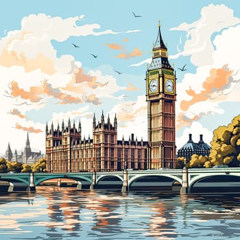 Sunsets embrace in watercolor Big Ben stands tall, an iconic silhouette against a vibrant sky, capturing Londons timeless allure and evening grace