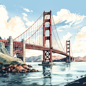 Golden Gate Bridge in watercolor A vibrant masterpiece capturing the iconic San Francisco landmark, blending artistry with architectural majesty.