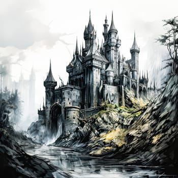 Gloomy castle in watercolor A haunting masterpiece, capturing the mystique and melancholy of an ancient fortress in the atmospheric hues