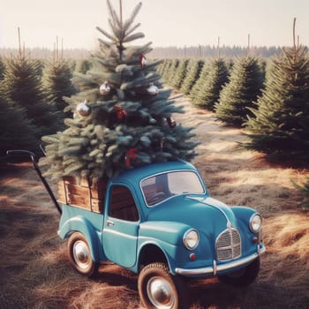 German Tradition: Families Choosing Christmas Trees on a Blue Carriage at Fir Plantation.