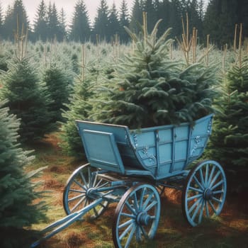 German Tradition: Families Choosing Christmas Trees on a Blue Carriage at Fir Plantation.