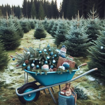 German Tradition: Families Choosing Christmas Trees on a Blue Carriage at Fir Plantation.