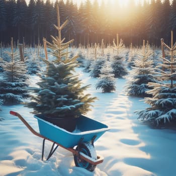 German Tradition: Families Choosing Christmas Trees on a Blue Carriage at Fir Plantation.